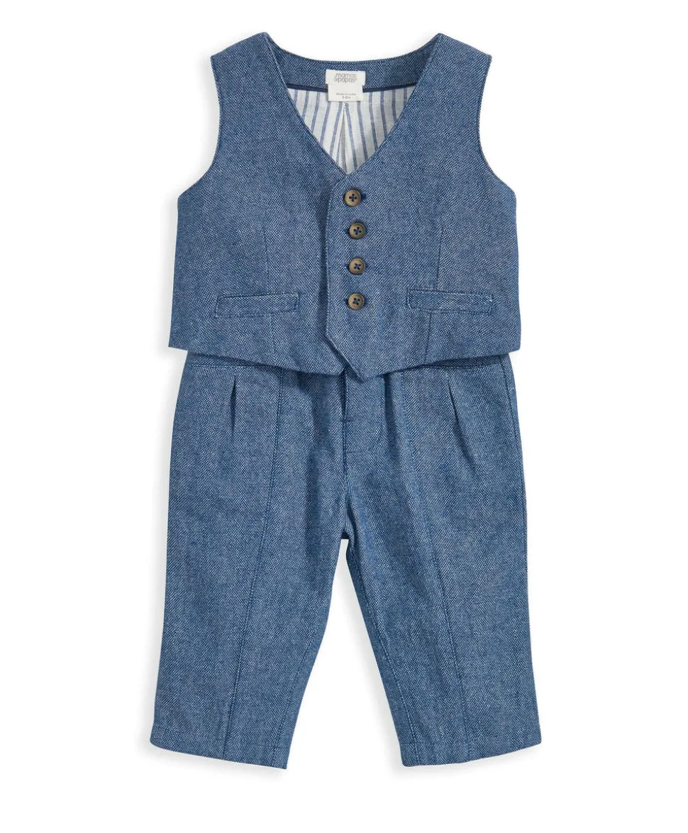 Woven Waistcoat & Trouser Outfit Set - Blue